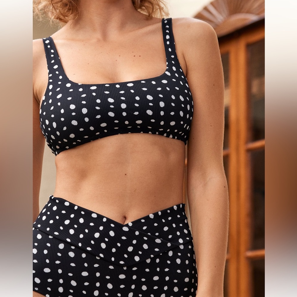Aerie swim top & bottom ribbed black with white polka dots